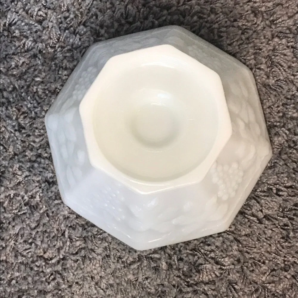 Vintage Anchor‎ Hocking Milk Glass Footed Fruit Bowl - Grape Vine Design - 9”